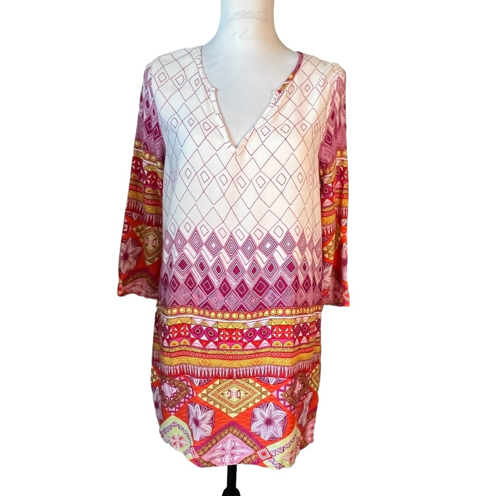 Newbury Kustom Mixed‎ Geometric Print Sheath Dress V-neck Long Sleeve Rayon Midi